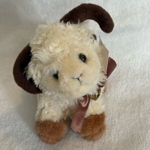 Fluffy Ram Sheep Lamb Plush Stuffed Animal 5.5” Beige W/Ribbon & Bell farmhouse